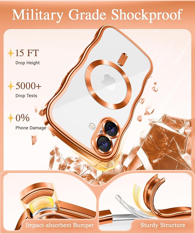 GVIEWIN for iPhone 17 Case Compatible with MagSafe, Upgraded [Full Camera Protection][Cute Wave Frame][Military Grade Protection] Electroplated Hard Phone Cover for Women Girl, Clear/Orange