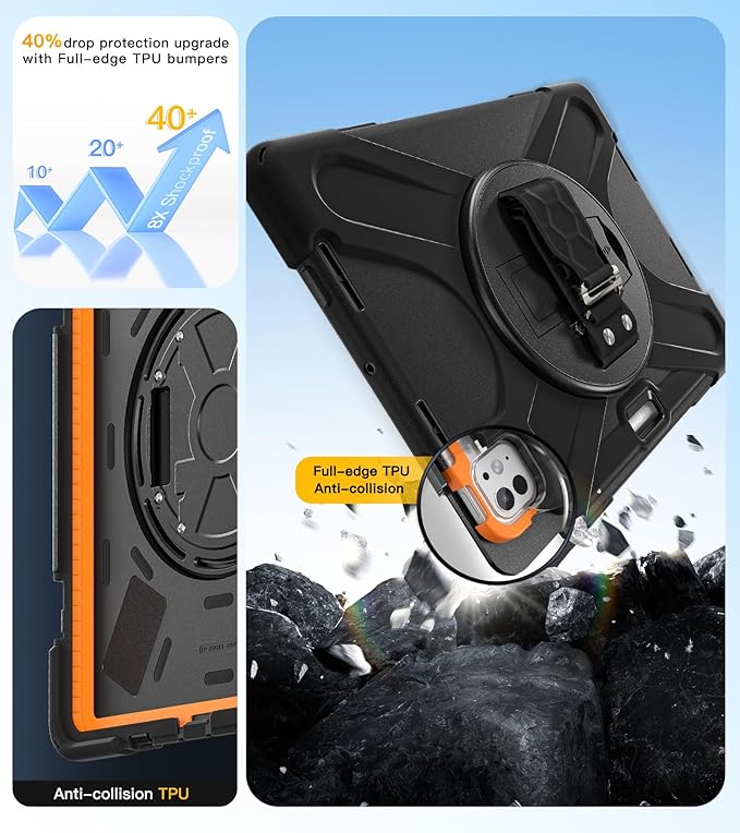 BRAECN Case for iPad Pro 11 inch M5 2025 & M4 2024, 4 Layers Heavy Duty Full-Body Protection Screen Protector Pencil Holder, 360° Rotating Handle Kickstand, Shoulder Strap Kids Friendly