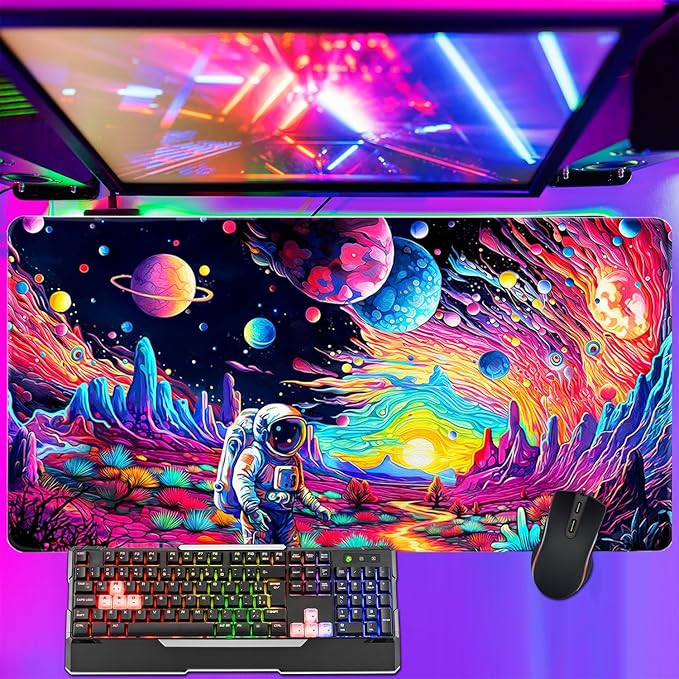 Cyberpunk Astronaut Mouse Pad Desk Mat Fantasy Planet Space Large Gaming Mouse Pad Anime Desk Pad Mousepad XXXL Extended Keyboard Mat Futuristic Cosmic Adventure Mouse Mat, Waterproof, 35.4 x 15.7 in