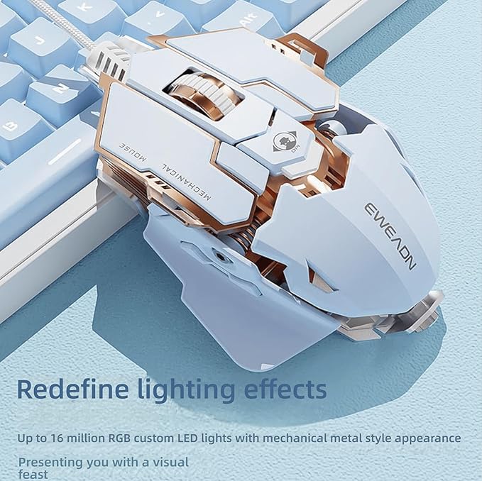 Professional Gaming Mouse, 12800 dpi, Optical Chip A824F, 9 Programmable Keys, Aluminum Alloy Chassis, Magnetic Braided Cable, White