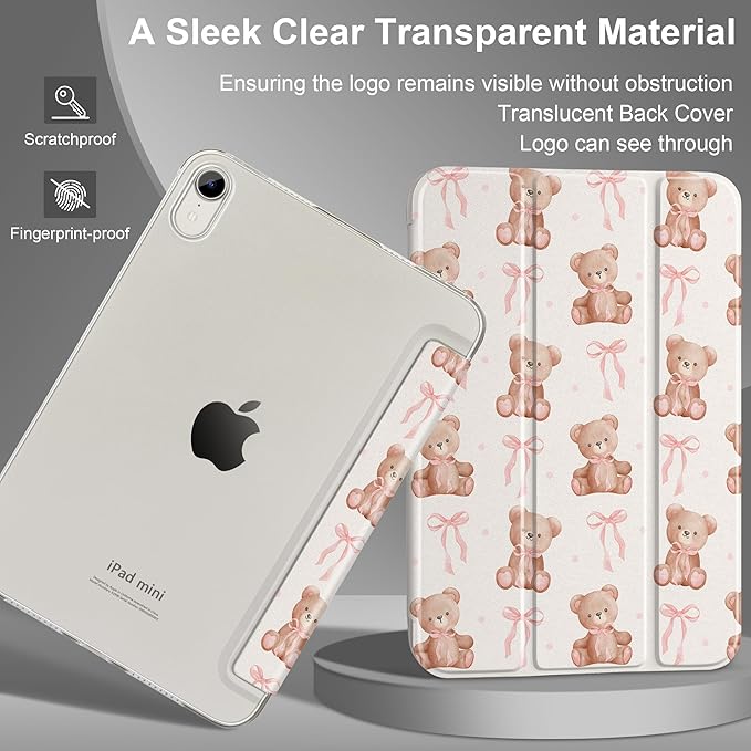 DONGKE for iPad mini 7 (A17 Pro) 2024 & iPad mini 6 2021 8.3 Inch, Slim Foldable Stand Hard PC Translucent Back Shell Smart Cover for iPad mini 7th/6th Generation [Auto Wake/Sleep] - Bear with Bows