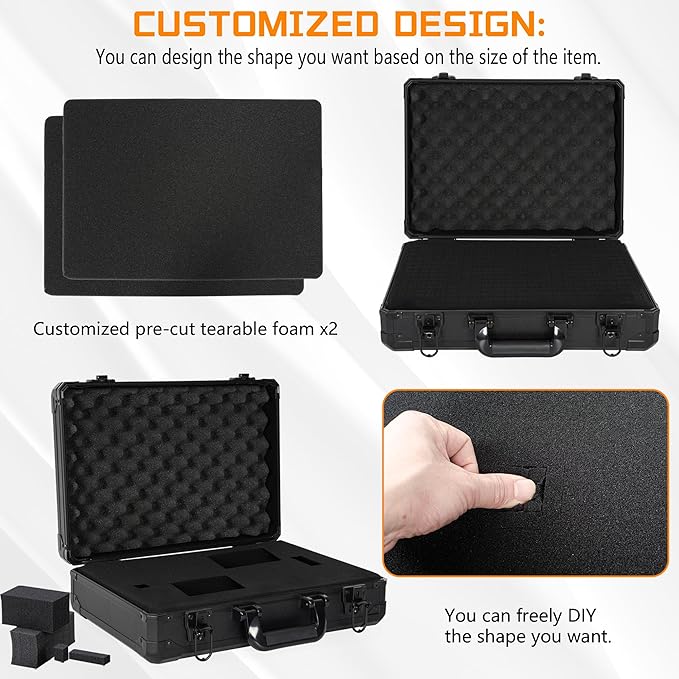 15 Inch Aluminum Carrying Case 15 X 11 X 4.3 Inch Ideal for Microphone & Camera Gear Transportation, DJ Mixer Case with Customizable Pre-Diced Foam, Black