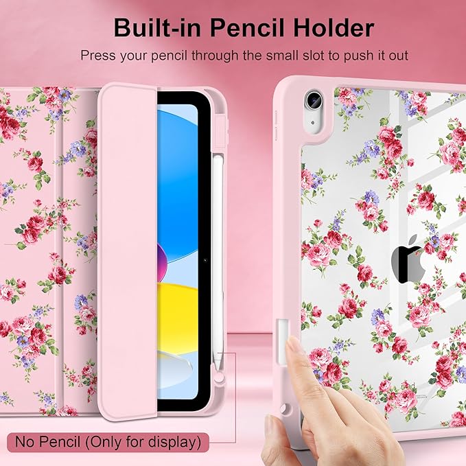 Case for iPad Air 13 inch 2026 M4 2025 M3 2024 M2 Release Slim Lightweight Shockproof Cute Light Pink Cover with Clear Back TPU Edge Pencil Holder Trifold Stand Auto Wake Sleep, Elegant Rose