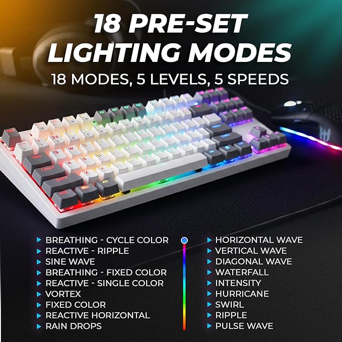 TECWARE Phantom+ Elite 87 Mechanical Gaming Keyboard | RGB LED Backlit | Hot Swappable Wraith Red Switches | 87 Key TKL Layout | Thocky Sound Profile | Tri-Mode Wireless Bluetooth/2.4GHz | White