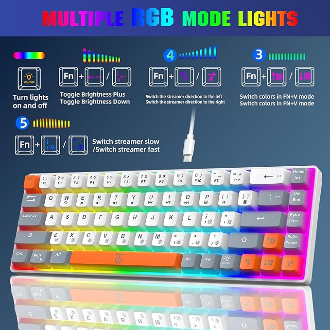 Snpurdiri 60% Percent Gaming Keyboard, Ergonomic Compact RGB Backlit Small Gaming Keyboard for Windows, PC, Laptop (68 Keys, White-Grey-Orange)