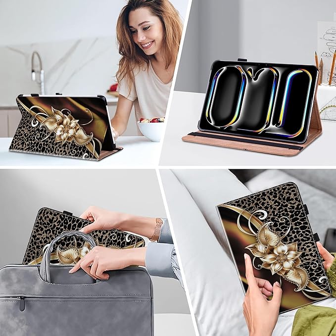 Case for iPad Pro 13 inch (M5/M4) 2025/2024, Premium Leather Folio Stand Protectors Cover with Auto Wake/Sleep, Pencil Holder, Hand Strap and Card Slots - Metallic Flower
