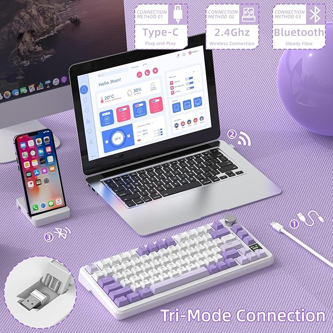 MAGIC-REFINER Attack Shark X85PRO 75% Wireless Mechanical Keyboard,TFT Smart Display&Knob,BT/2.4G/Wired Custom Gaming Keyboard,Gasket,Hot-Swap,RGB,with Pro Cable&5 Color PBT Keycaps,for PC/MAC,Purple