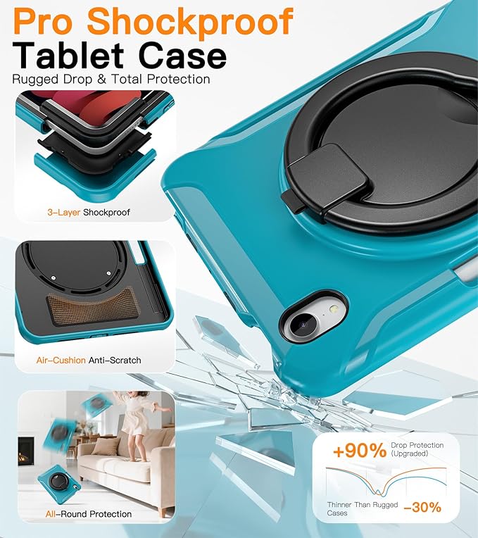 BATYUE Shockproof Case for iPad mini 7 (A17 Pro)/ Mini 6 8.3 inch (2024/2021) - 360° Multi-Angle Stand (Portrait & Landscape) & Grip, Built-in Pencil Holder, Lake Blue