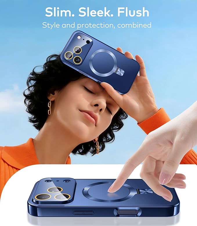TOBOVON Magnetic for iPhone 17 Pro Max Case with Ring Stand, Fits MagSafe, with Built-in Camera Lens Protector, Slim Electroplated Shockproof Phone Cover, Blue
