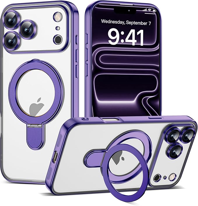 Compatible with iPhone 17 Pro Case with Invisible Magnetic Ring Stand [Compatible with Mag-Safe] [Full Camera Lens Protector] Plating Clear Phone Case for iPhone 17 Pro 6.3", Purple