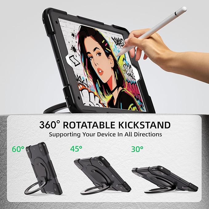 Andnary Case for iPad 9th/8th/7th Generation 10.2 inch, Shockproof Cover with Screen Protector/360° Rotate Stand/Pencil Holder/Shoulder Strap, Kids Case for iPad 2021/2020/2019 (Black)