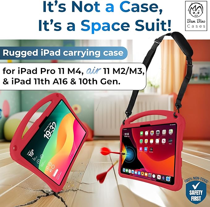 Bam Bino Space Suit, iPad Air 11 Inch Case Kids(M2/M3/M4) iPad Pro 11inch(M4/M5), iPad A16(11thGen), iPad 10thGeneration Built-in Screen Protector, Handle, Kick Stand, Shoulder Strap (Watermelon Pink)