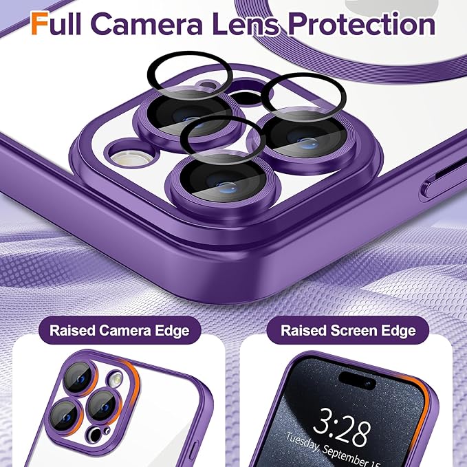 Hython Magnetic Clear for iPhone 15 Pro Max Case with Camera Lens Protector [Compatible with MagSafe] Plating Edge Slim Soft TPU Cover Protective Phone Case for iPhone 15 Pro Max 6.7", Matte Purple
