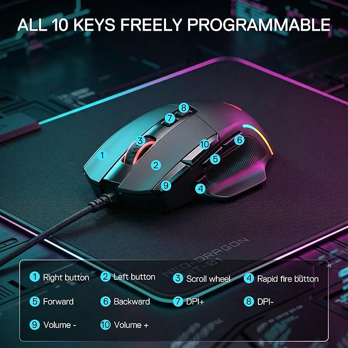 Redragon M925 Wired Gaming Mouse, 24,000 Max DPI Optical Gaming Mouse with 10 Programmable Buttons, Ergonomic Natural Grip Build, Software Supports DIY Keybinds & DPI, Black