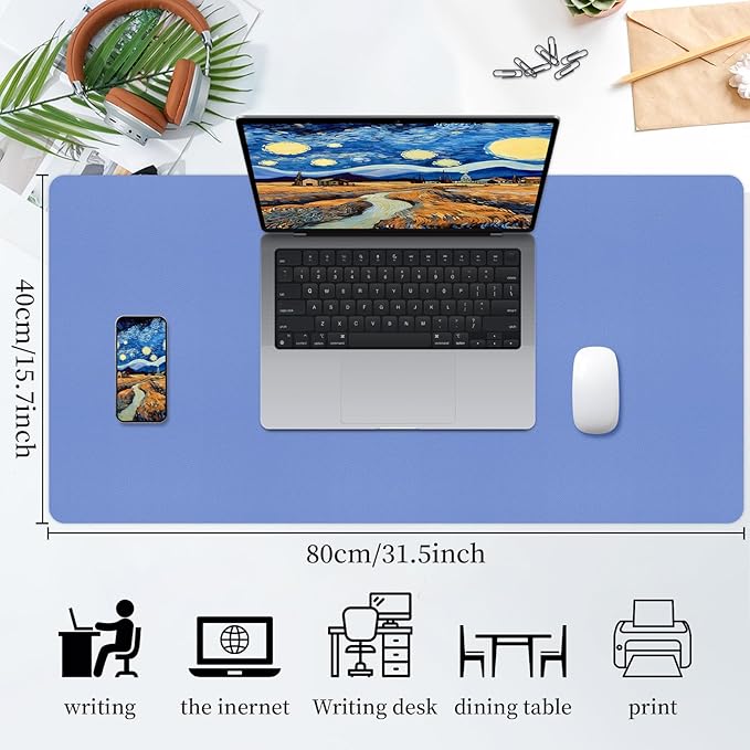 Bloss Blue Leather Desk Mat Protector,Leather Mouse Pad,Laptop Protector Desks Mat,Office Desks Mats,Keyboard Desks Mats,Computer Mat,Dual-Side Waterproof Desk Writing Pad for Office/Home.31.5"x 15.7"