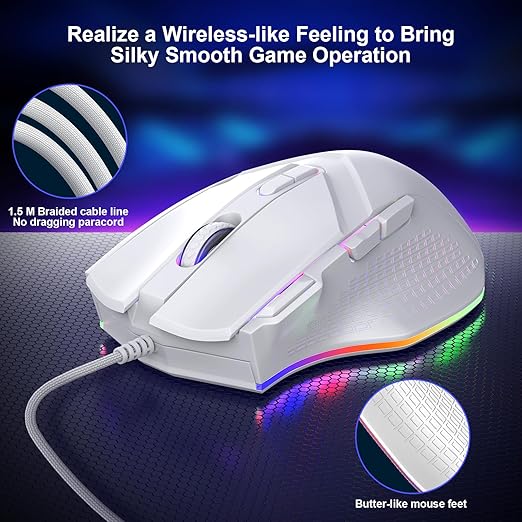 LEWENTECH Gaming Mouse 6 Adjustable DPI Up to 7200 Wired PC Gaming Mouse 8 Programmable Buttons 13 Adjustable RGB LED Modes 1.5 M Drag-Free Paracord Ergonomic Mouse Windows/PC/Mac/Laptop (White)