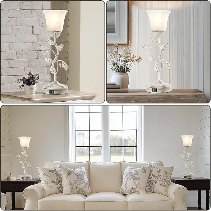 Set of 2 Rustic Touch Table Lamps for Bedroom, 3-Way Dimmable Nightstand Flower Lamp with 2 USB Ports, Retro White Glass Shade Leaf Lamp for Living Room Entryway, 2 LED Bulb Included