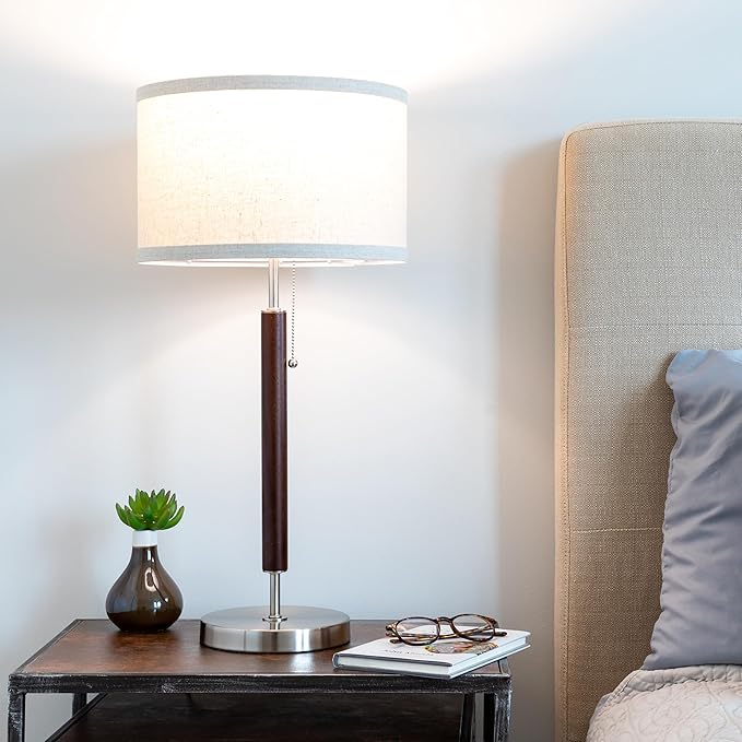 Brightech Carter LED Bedside Lamp - Compact Table & Desk Reading Lamp for Bedroom, Living Room, Office - Modern Nightstand & Side Lamp with Soft Ambient Light - Stainless Steel & Wood Finish