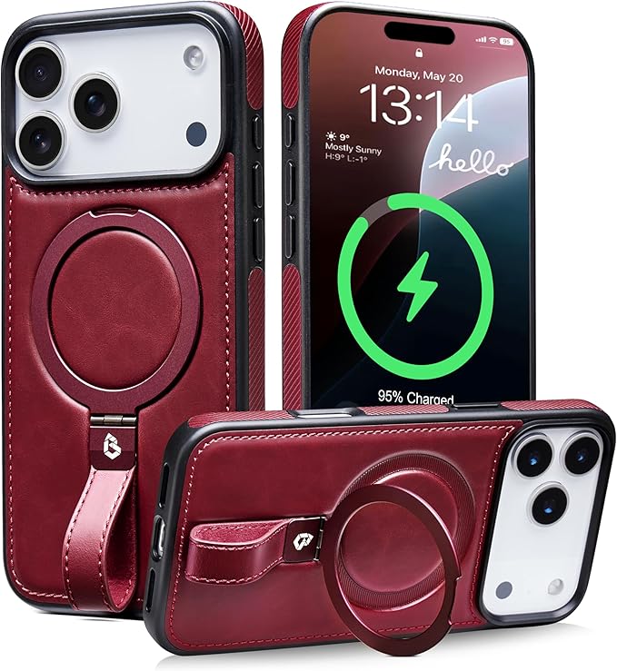 Butaiga for iPhone 17 Pro Max Leather Case with Stand, Anti-Slip Grip Ring, Fits for MagSafe (Burgundy, iPhone 17 Pro Max)