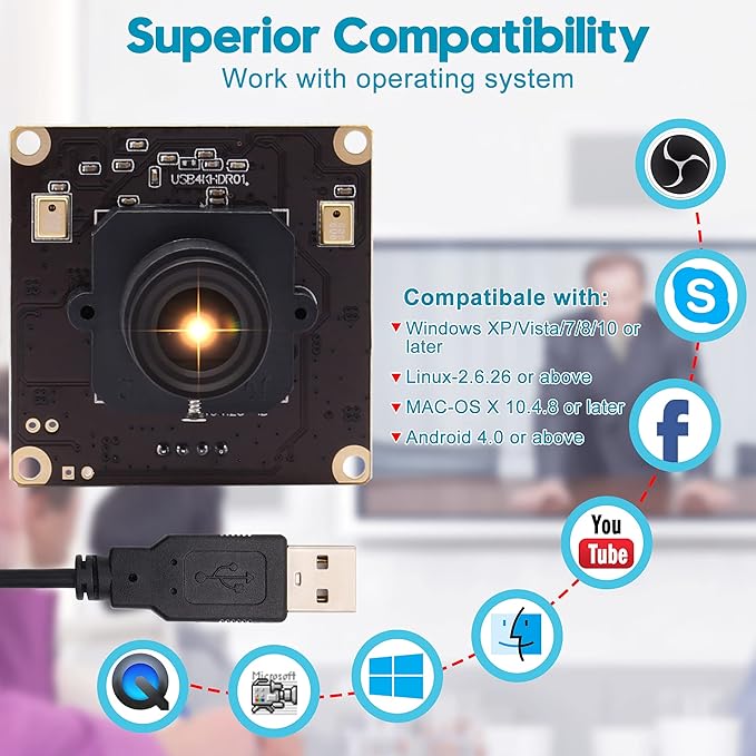 ELP 4K USB Camera for Computer & Rasp Pi - Dual Microphone, IMX317 Sensor, 8MP USB Security Camera