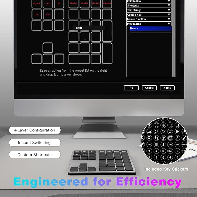 Doohoeek Tri-Mode Programmable Keyboard (BT/2.4G/Wired), Bluetooth Shortcuts Keyboard with 25 Custom Keys & Shortcuts Stickers & Backlit, Wireless Macro Keypad for Windows Graphic, Editing & Office