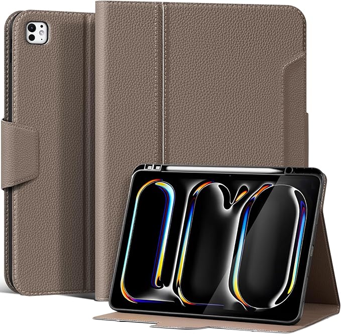 for iPad Pro 13 inch Case (M4) 2024 Release, Premium Leather Folio Cover with Auto Wake/Sleep, Apple Pencil Holder, Multi-Angle Stand & Secure Buckle Closure - Gray Brown