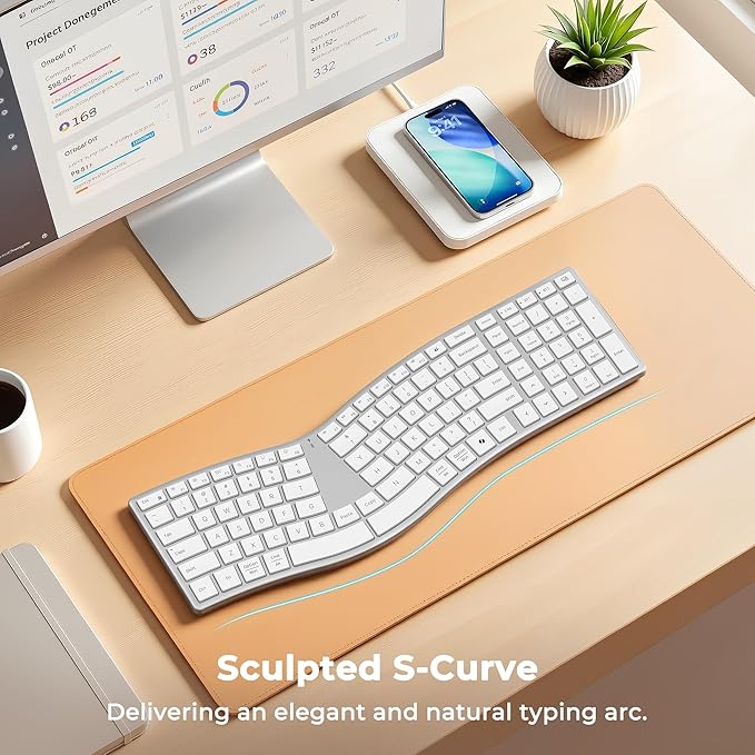 MEETION Wireless Ergonomic Keyboard, S-Curve Design Split Keyboard, 2.4G USB-A & Dual Bluetooth Keyboards, Slim Low-Profile Keys, Type-C Rechargeable, Full-Size Layout for Windows/Mac/PC/Laptop, White