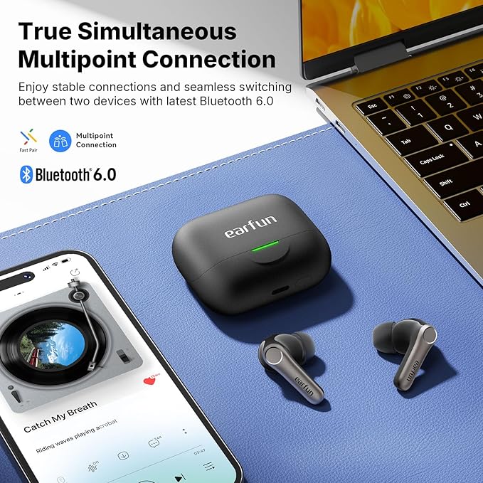 EarFun Air Pro 4+ Adaptive Noise Cancelling Wireless Earbuds, Qualcomm aptX Lossless, Dual Drivers, Translation Earbuds, Snapdragon Sound, 6 Mics AI Clear Calls, Hi-Res Sound, LDAC, Bluetooth 6.0, 54H