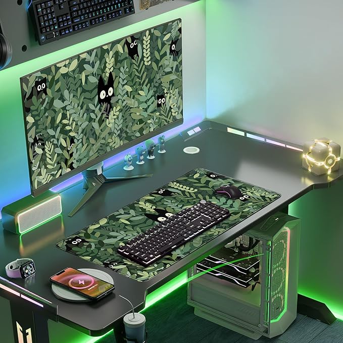 Kawaii Cat Mouse Pad Xl-31.5x15.7in-Anime Black Cat Green Plant Desk Mat Pad-Extended Aesthetic Keyboard Mouse Pad-for Desk Kid Girl with Stitched Edges Non-Slip Cozy Office Decor