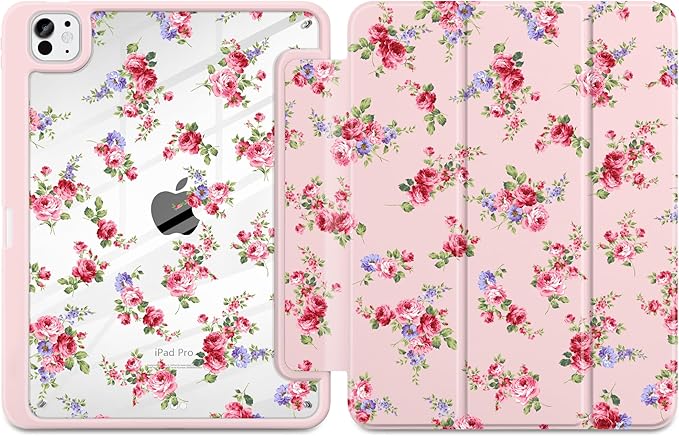 Case for iPad Pro 11 inch (M5) 2025 (M4) 2024 Release Slim Lightweight Cute Light Pink Cover with Clear Back TPU Edge Pencil Holder Trifold Stand, Elegant Rose