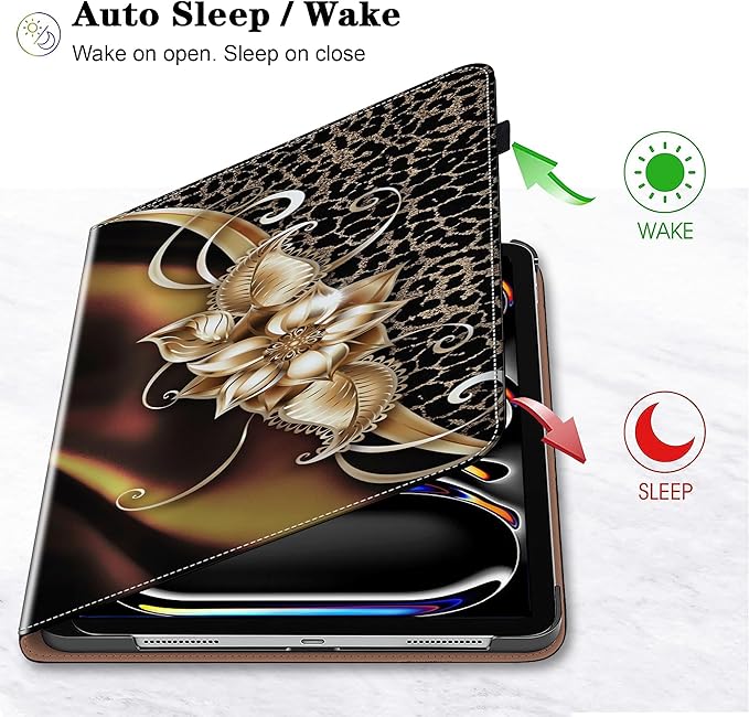 Case for iPad Pro 13 inch (M5/M4) 2025/2024, Premium Leather Folio Stand Protectors Cover with Auto Wake/Sleep, Pencil Holder, Hand Strap and Card Slots - Metallic Flower