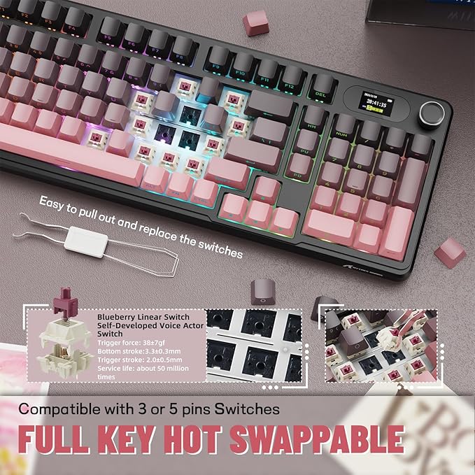 MAMBASNAKE Attack Shark X98 Pro Wireless Mechanical Keyboard with Screen & Knob, 2.4G/USB-C/BT5.0 Gasket Hot Swappable Creamy Keyboard102 Keys, Web Driver RGB Gaming Keyboard for PC/Mac/PS4/Xbox