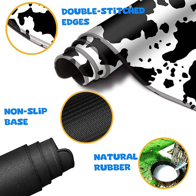 4-Piece Extended Large Mouse Pad Set for Women Men with Cow Print Design Includes 35.4 x 15.7 XXL Large Mouse Pad Keyboard Wrist Rest Mouse Wrist Support and Coaster for Office Home