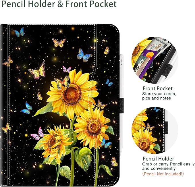 for iPad (A16) 11Th/10Th Generation Case 2025/2022, for iPad Case 11Th/10Th Generation, 10Th/11Th Gen iPadCase Cover Pencil Holder/Hand Strap/Pocket/Adjustable Stand, Butterfly Sunflower