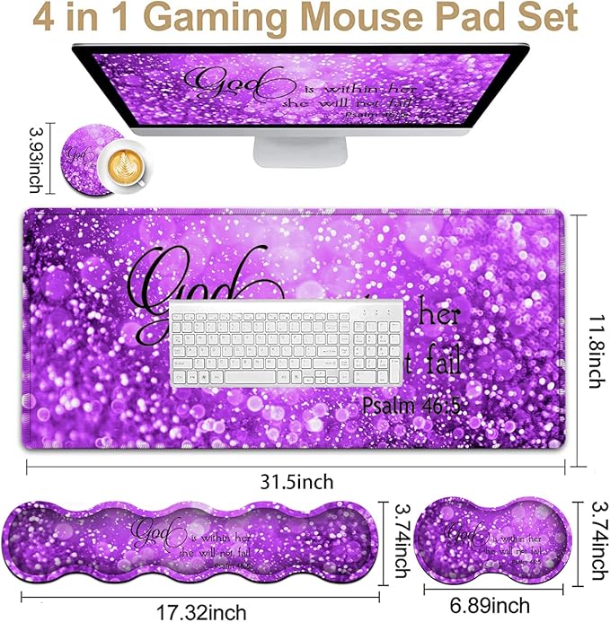 Gaming Mouse Pad XXL Large Desk Mat, Psalm 465 Bible Purple Extended Non-Slip Rubber Mice Pads Stitched Edges(31.5x11.8 in),Ergonomic Premium Memory Foam Keyboard Wrist Rest and Black Mouse Pad Set