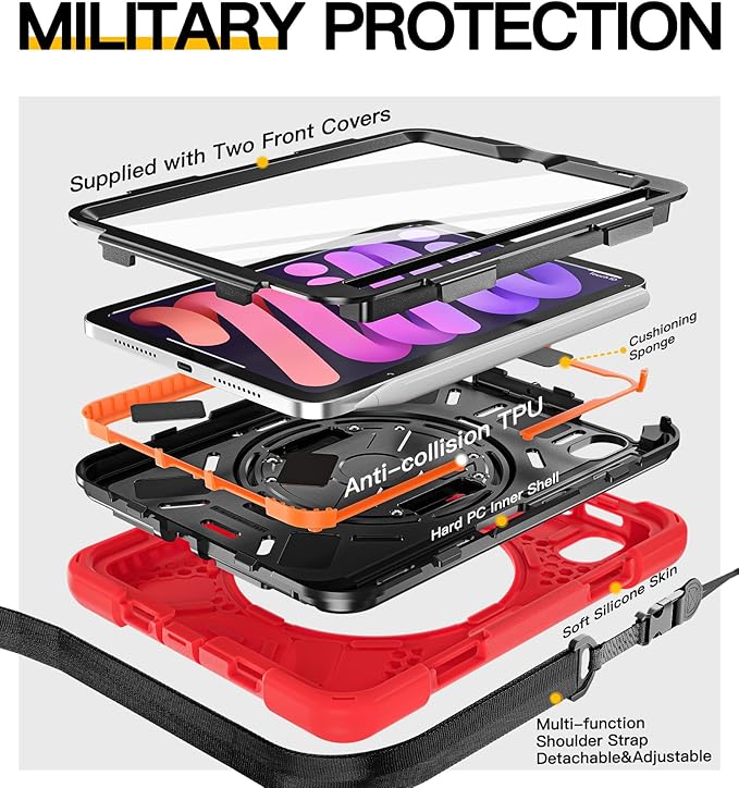 BRAECN for iPad mini 7(A17 Pro)/ 6 case 2024/2021 8.3 inch Heavy Duty Shockproof Protective with Pencil Holder Screen Protector 360°Rotating Stand Handle Full Body Cover Shoulder Strap Kids Friendly