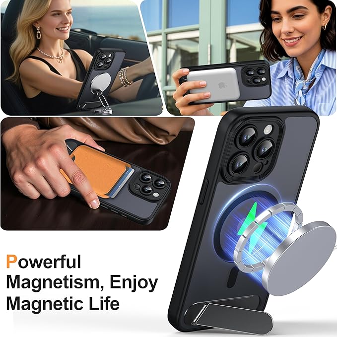 Magnetic Compatible with iPhone 15 Pro Max Case, [Built-in Kickstand][Full Camera Protection][Compatible with MagSafe][Anti-Fingerprint] Shockproof Phone Case for iPhone 15 Pro Max 6.7",Black