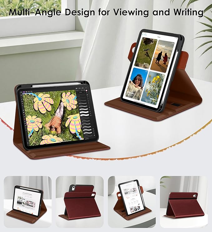 DTTO for iPad Air 11 inch Case M4 / M3 / M2 (2026/2025/2024), iPad Air 5th / 4th Gen (2022/2020), 360 Degree Rotating Premium Leather Folio Stand Cover with Pencil Holder, New Burgundy Red