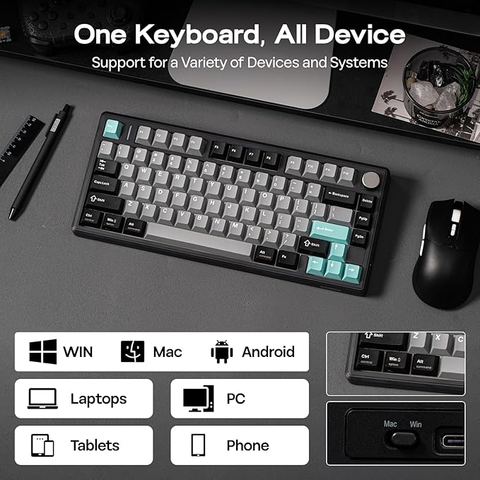 EPOMAKER TH80 V2 75% Wireless Mechanical Keyboard with Metal Knob, 8000mAh, 2.4Ghz/BT/USB-C, RGB, Hot Swap, Custom Driver, PBT Keycap, Wireless Gaming Keyboard for PC/Mac (Black, Creamy Jade)