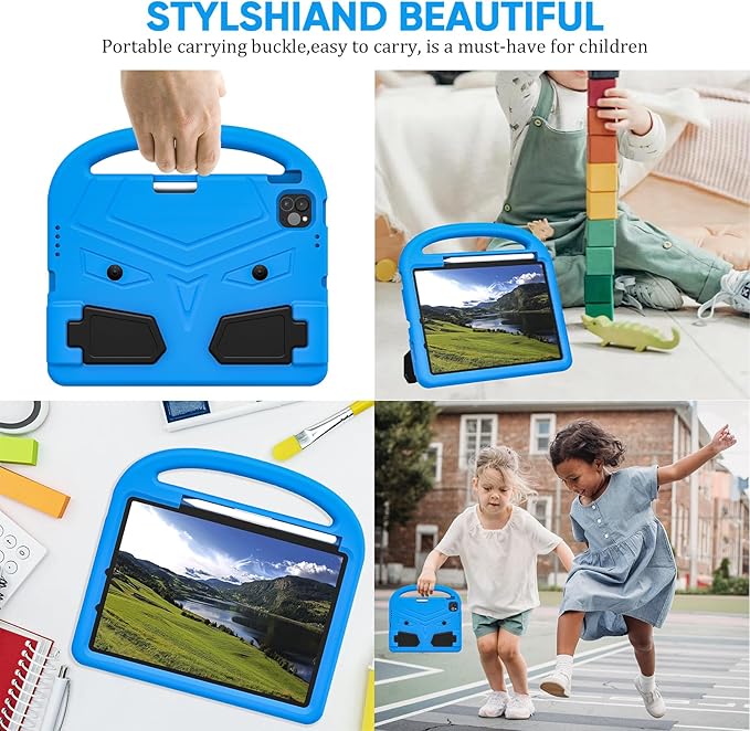 Kids Case for Apple iPad Air 11-inch M3 (2025) / M2 (2024) with Pencil Holder/Handle/Kickstand Lightweight Soft EVA Foam Shockproof Stand Tablet Cover for iPad Air 11" M3/M2, Blue Bird