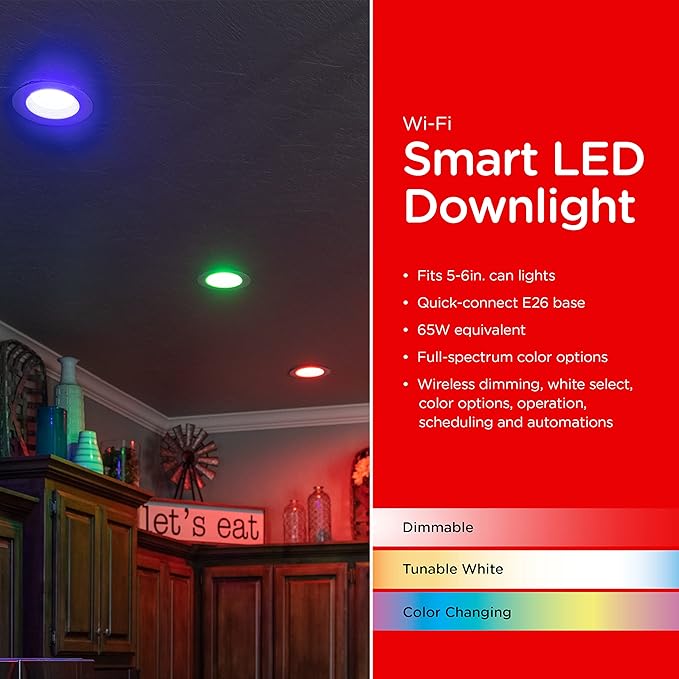 UltraPro Wi-Fi LED Smart Light Bulb, Downlight, 65W Equivalent, RGB, Color Changing, White Select Tunable 2700K - 6500K, Dimmable, 2.4GHz Router Required, Circadian Rhythm, Easy-to-Use App, 51461