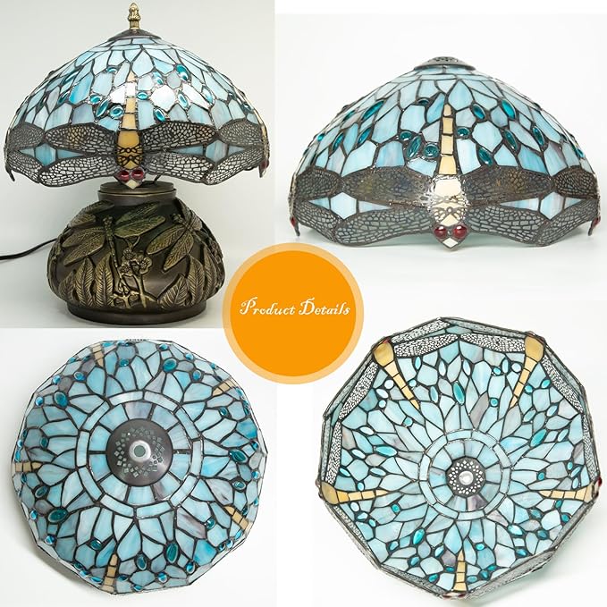 12 Inch Dragonfly Tiffany Lamp with Remote Control, Adjustable Brightness and Color Temperature, E26 Bulb, 9W, Ocean Blue Dragonfly Mushroom Stained Glass Bedside Lamp