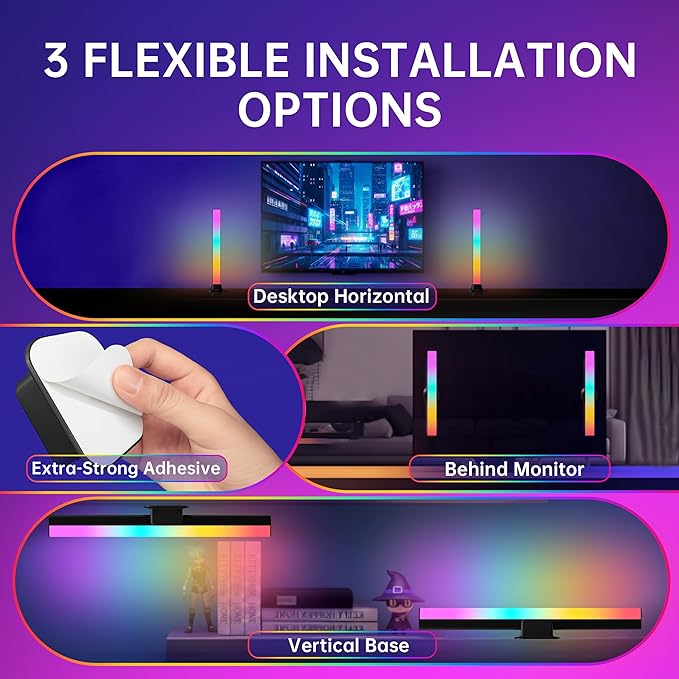 Smart RGB Light Bars for Gaming Desk & TV, 9.5" LED Monitor Backlight for PC Gaming, Ambient Lighting for TV Room (Fits up to 75"), Music Sync Color Changing TV Backlight, Bluetooth App Control