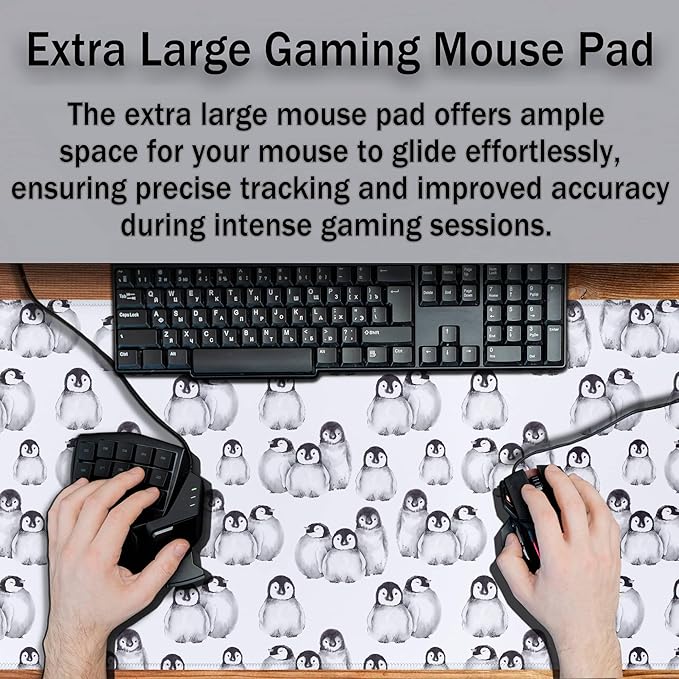Gaming Mouse Pad White, Big Mouse Pads Office Desk Pad, XXL Mousepad Non-Slip Rubber Base Waterproof with Stitched Edges, 35.4 X 15.7 inch for Work/Game/Office/Home Little Penguin Isolated
