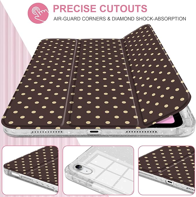 DONGKE for iPad Pro 11 inch Case – Fits M5 2025 / M4 2024, Shockproof Sparkling Glitter Acrylic Back, Pencil Holder, Trifold Stand, Auto Sleep/Wake & Touch ID Support - Brown Polka Dot