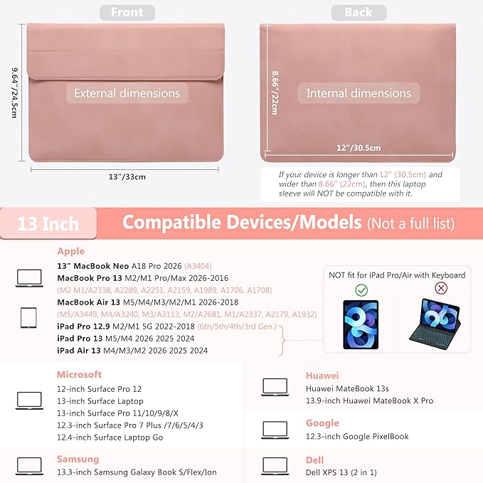 HYZUO 13 Inch Laptop Case Sleeve with Stand for 2026-2018 MacBook Air 13 M5 M4 M3 M2 M1, 2026 13" MacBook Neo, 2026-2016 MacBook Pro 13 M2 M1, iPad Pro/Air 13, Surface Pro 12-3, XPS 13, Pink