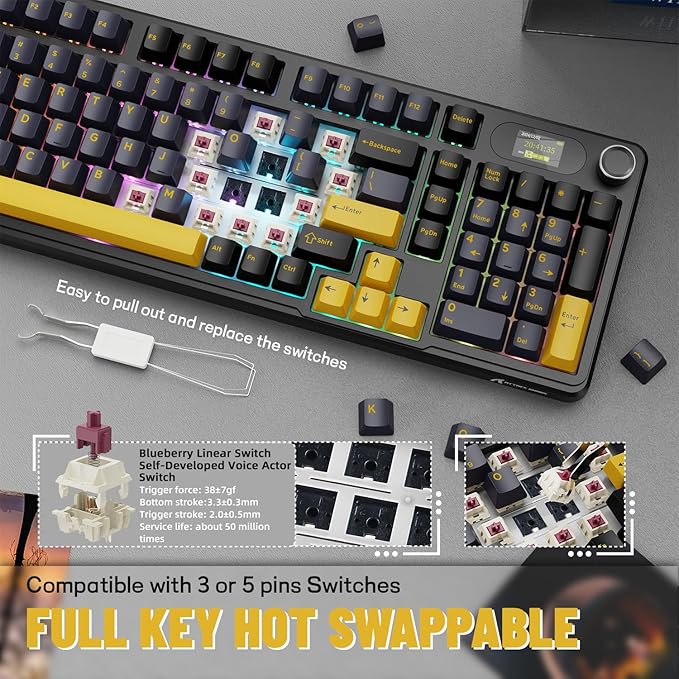 ATTACK SHARK X98PRO Wireless Mechanical Keyboard,Multi-Function Knob&TFT Screen,Tri-Mode BT/2.4G Hz/USB-C Wired Keyboard,Hot-Swap RGB Backlit,4000mAh 98 Keys,Cloud Drive,for Win/Mac/Linux-Starry Black