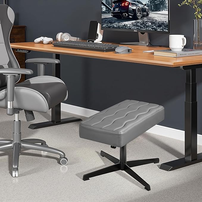 VECELO Under Desk Footrest, PU Ergonomic Foot Rest with Comfort Padding, Height Adjustable for Relieving Leg Pain, Stiffness, and etc, Gray