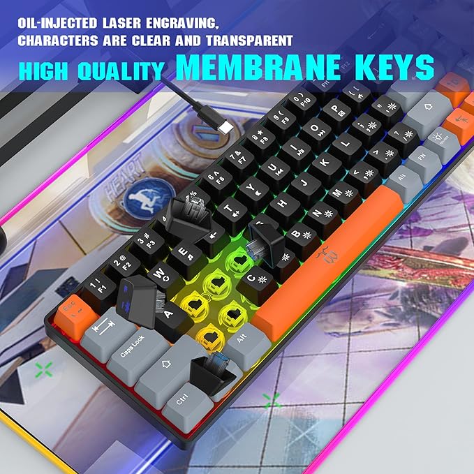 Snpurdiri 60% Percent Gaming Keyboard, Compact RGB Backlit Small Gaming Keyboard for Windows, PC, Laptop (68 Keys, Black-Grey-Orange)