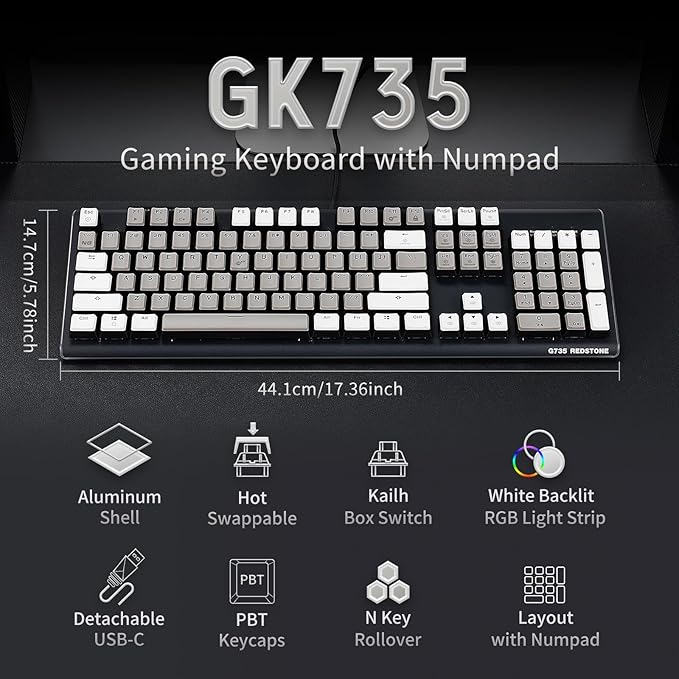 Hexgears GK735 Wired Full Size Mechanical Keyboard, Aluminum Housing Built for Gamers w/Kailh Box White Switch, White Backlit + Surrounded by RGB Light Strip, 104 Keys Gaming Keyboard for PC/Mac